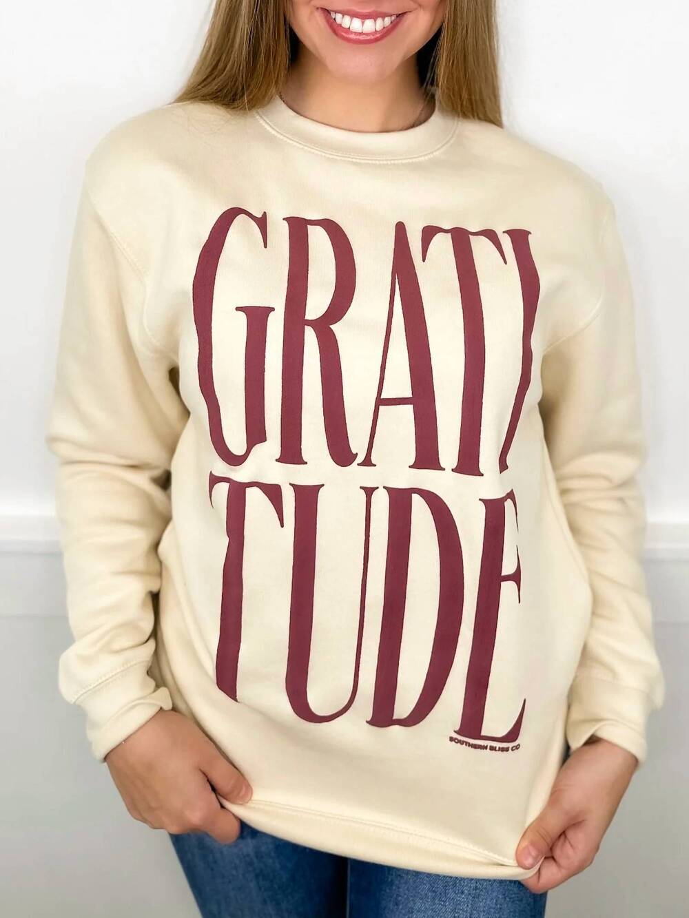 NEW SOUTHERN BLISS express gratitude long sleeve graphic crewneck sweatshirt in